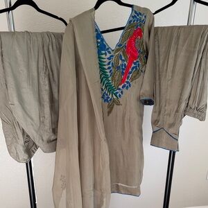 Elegant green Salwar with Parrot Embroidery 4 piece set with two bottoms